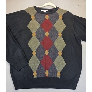 Vintage Sweater Men XL Gray Argyle Long Sleeve Crew Neck Grandpa Preppy Academia